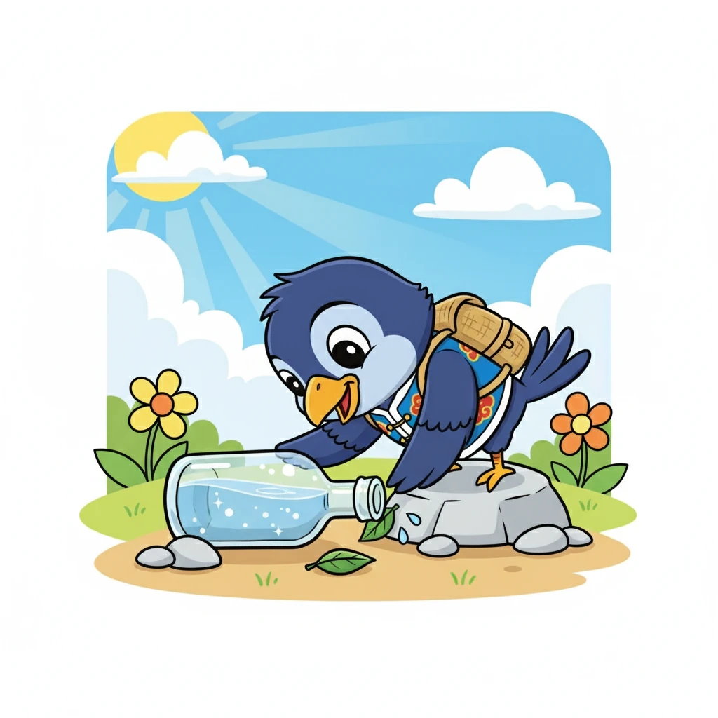 可可终于发现了一个半瓶水的玻璃瓶！ 瓶子里面的水在阳光下闪着光，看起来是那么的诱人，可是水面太低了，可可够不着。