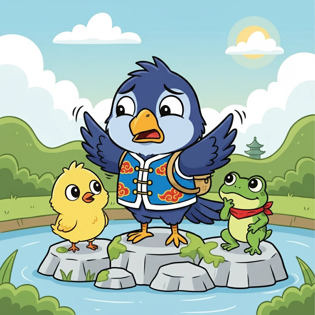 可可着急地拍打着翅膀，它想：“我该怎么办呢？” 萝萝和呱呱也围了过来，大家一起想办法。