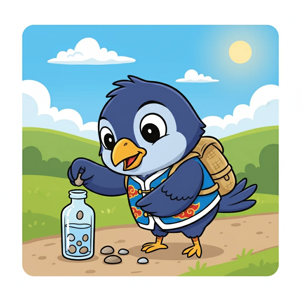 可可灵机一动，想出了一个主意：“我们可以用小石子！” 它开始一颗一颗地捡起小石子，准备放进瓶子里。