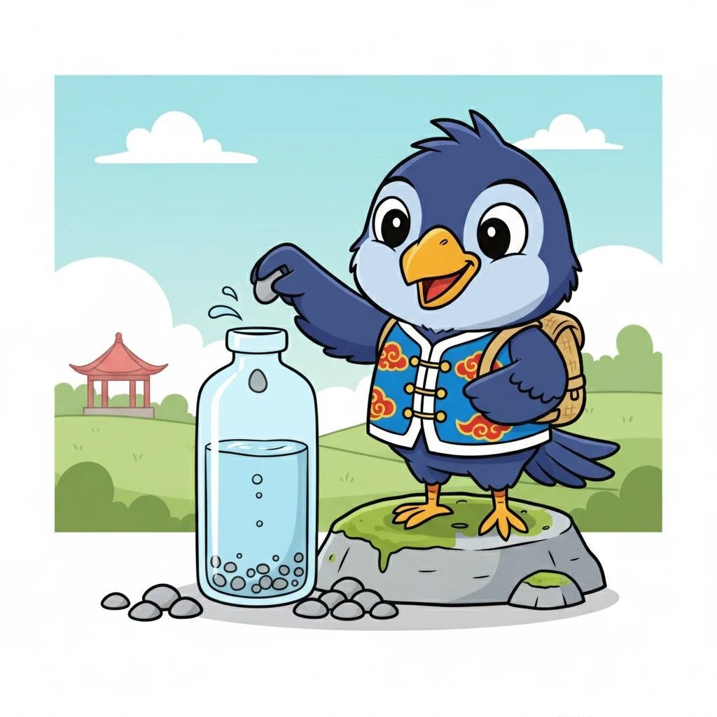 可可一颗一颗地把小石子放进瓶子里。 随着石子越来越多，瓶子里的水面一点一点地升高了。