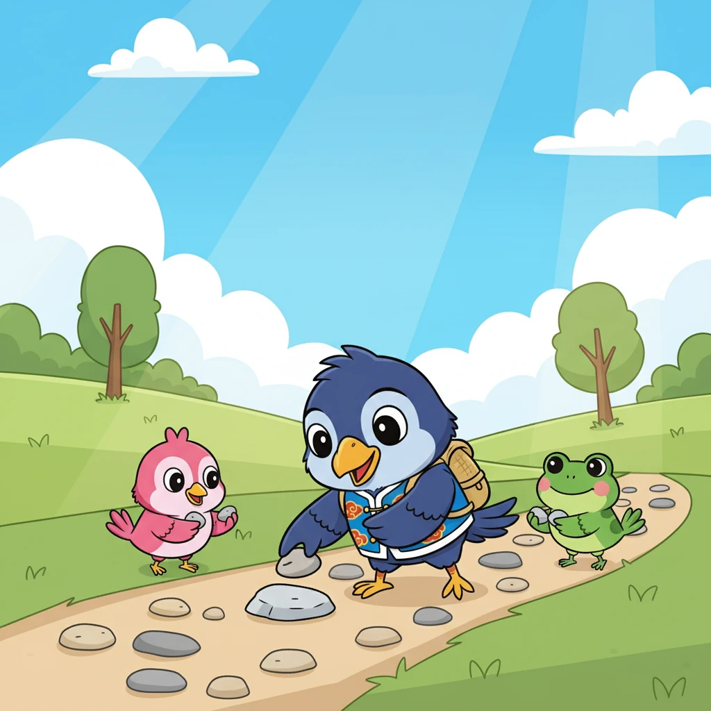 萝萝和呱呱也帮忙捡小石子，大家齐心协力，一起努力。 阳光下，他们一起为目标奋斗着，充满了希望。