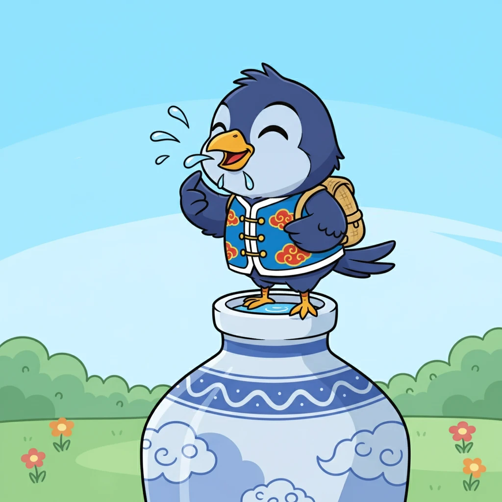 水面终于升到了瓶口！ 可可开心地啄着水，咕咚咕咚地喝了起来，清凉的水流进了它的喉咙。