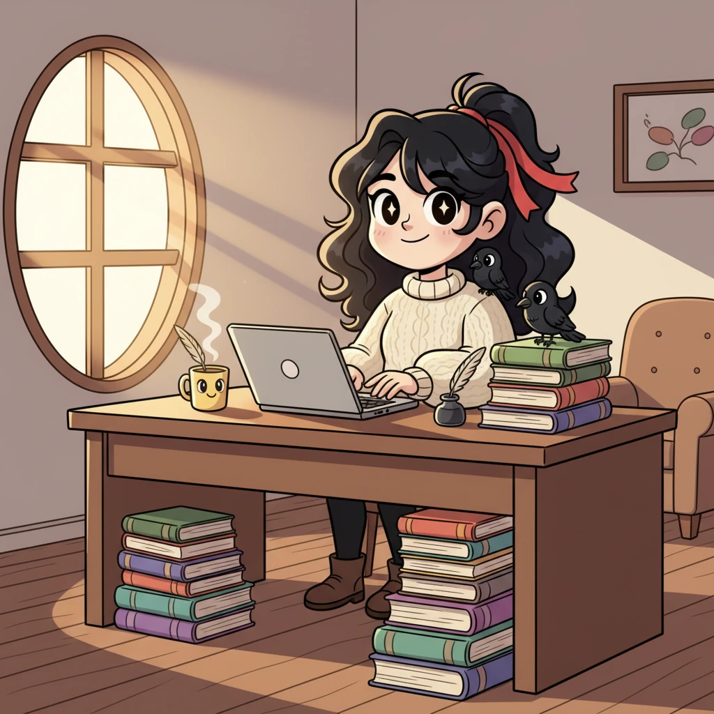 Katerina Raven Black, a bright-eyed author, found inspiration everywhere. Her cozy writing nook was filled with stacks of books and a cheerful mug of tea, ready for her next big story. Sunlight streamed through the window, illuminating her desk as she typed away with a happy smile. She dreamed of tales filled with adventure and happy endings, much like the one she hoped to live someday.