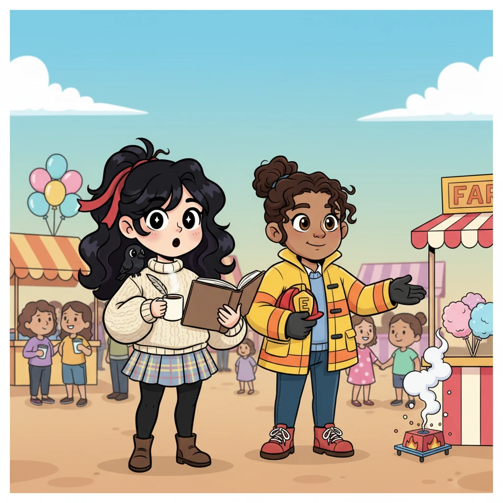 One sunny afternoon, Katerina attended a local fair, her notebook in hand. As she sketched ideas, a small, playful firework display malfunctioned, causing a tiny, harmless puff of smoke near a booth. Suddenly, a dashing firefighter with a kind smile, Ezra Haven, swiftly and calmly assessed the situation, making sure everyone was safe. Katerina watched, captivated by his bravery and charm.