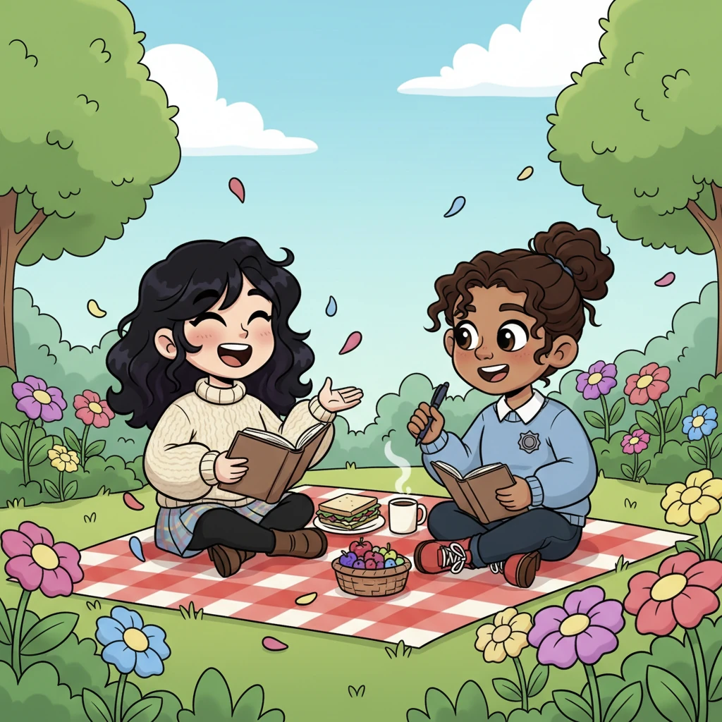 A few weeks later, Katerina and Ezra were enjoying a delightful picnic in the park, surrounded by blooming flowers. They laughed as they shared stories, Katerina recounting whimsical plot ideas and Ezra describing his daily adventures. Their eyes sparkled with a growing connection, a gentle breeze rustling through the trees as their hearts fluttered. This was the beginning of something truly special.