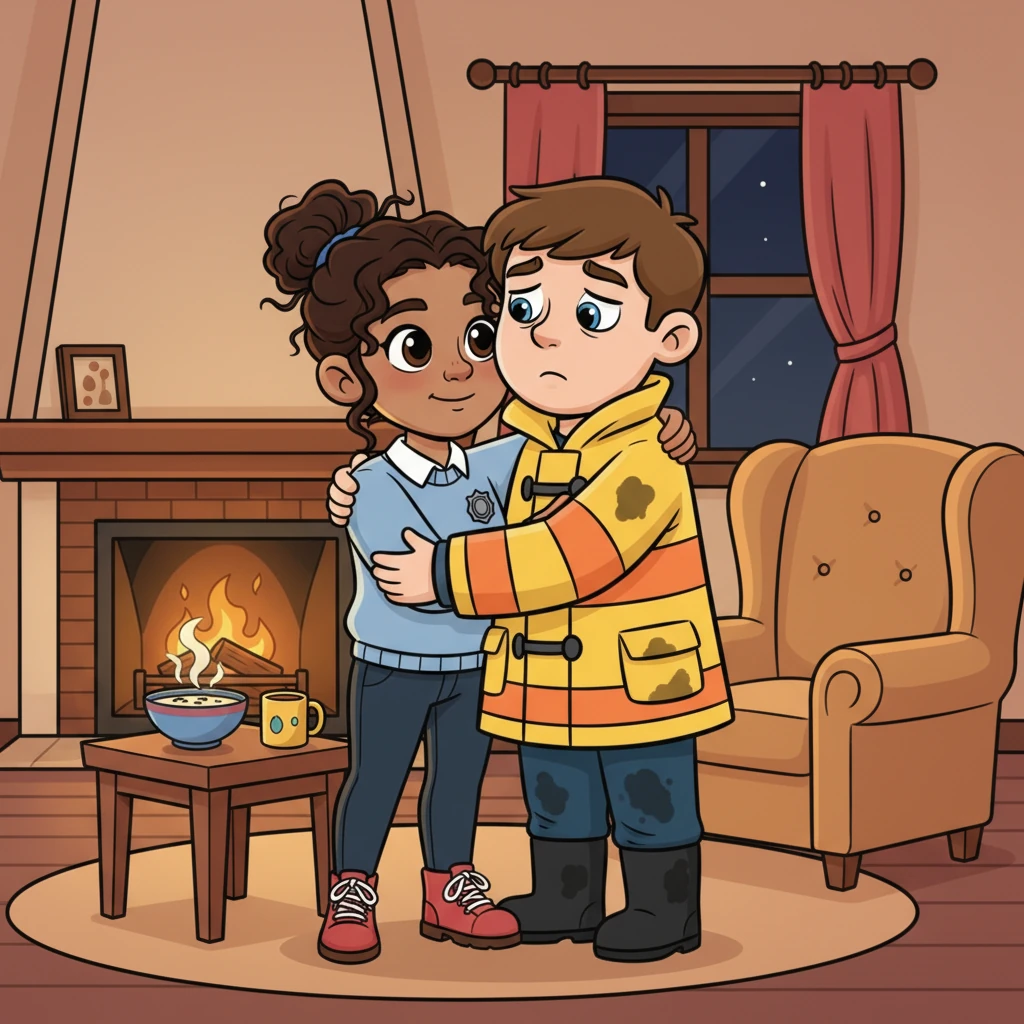Finally, Ezra returned home, tired but safe, his uniform smudged with soot. Katerina rushed to him, wrapping him in a tight, comforting hug, relief washing over her. She listened patiently as he recounted the harrowing details, offering him a warm meal and a quiet space to rest. In that moment, their bond deepened, built on trust, understanding, and unwavering support through life's challenges.