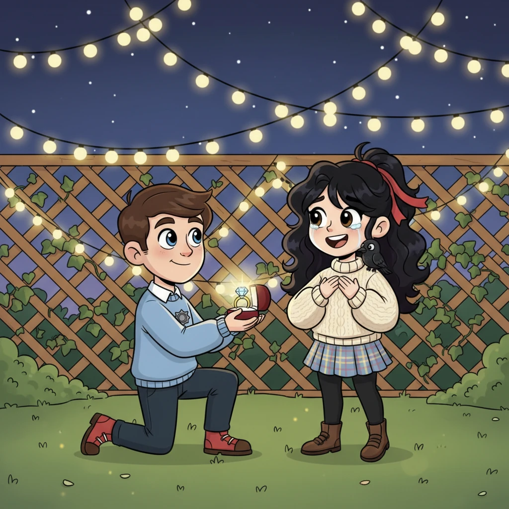 On a starry night, under the soft glow of fairy lights in their backyard, Ezra knelt before Katerina. He held out a small, sparkling ring, his eyes full of love and hope. "Katerina Raven Black, my wonderful writer, will you make all my stories come true and marry me?" he asked, his voice tender. Katerina's heart swelled with joy, tears of happiness welling in her eyes as she eagerly said, "Yes!"