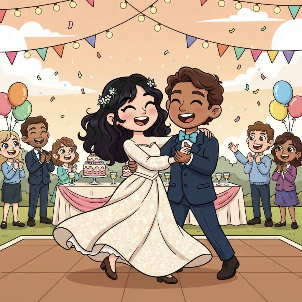 The wedding day was a dream come true, filled with vibrant colors and joyous laughter. Katerina, radiant in her flowing gown, walked down the aisle towards Ezra, who waited with a beaming smile. Friends and family cheered as they exchanged vows, promising a lifetime of love and adventure. Their first dance was a swirl of happiness, a perfect start to their shared story.