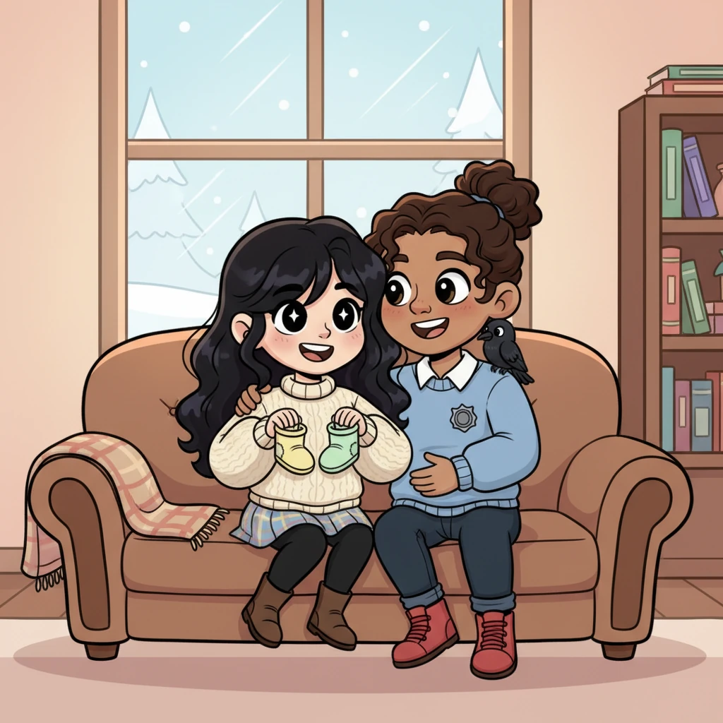 A few years later, Katerina and Ezra had a wonderful surprise to share. They sat on a cozy couch, holding up two tiny pairs of booties, their faces alight with pure excitement. "We're going to have twins!" Katerina exclaimed, her voice bubbling with happiness. Ezra wrapped an arm around her, his heart full of anticipation for their growing family, a double blessing on its way.