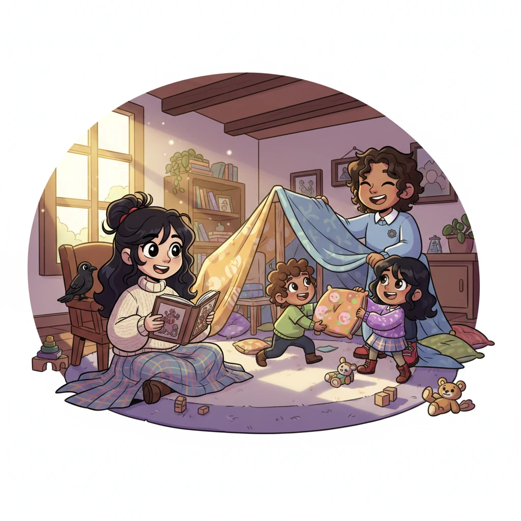 Years later, the Haven home was a bustling, joyful place, filled with the laughter and playful chaos of Jasper and Lilith. Katerina often read her stories aloud, while Ezra showed the kids how to build amazing blanket forts. They were a family built on love, courage, and imagination, living their own wonderful, ever-unfolding story together, forever happy.