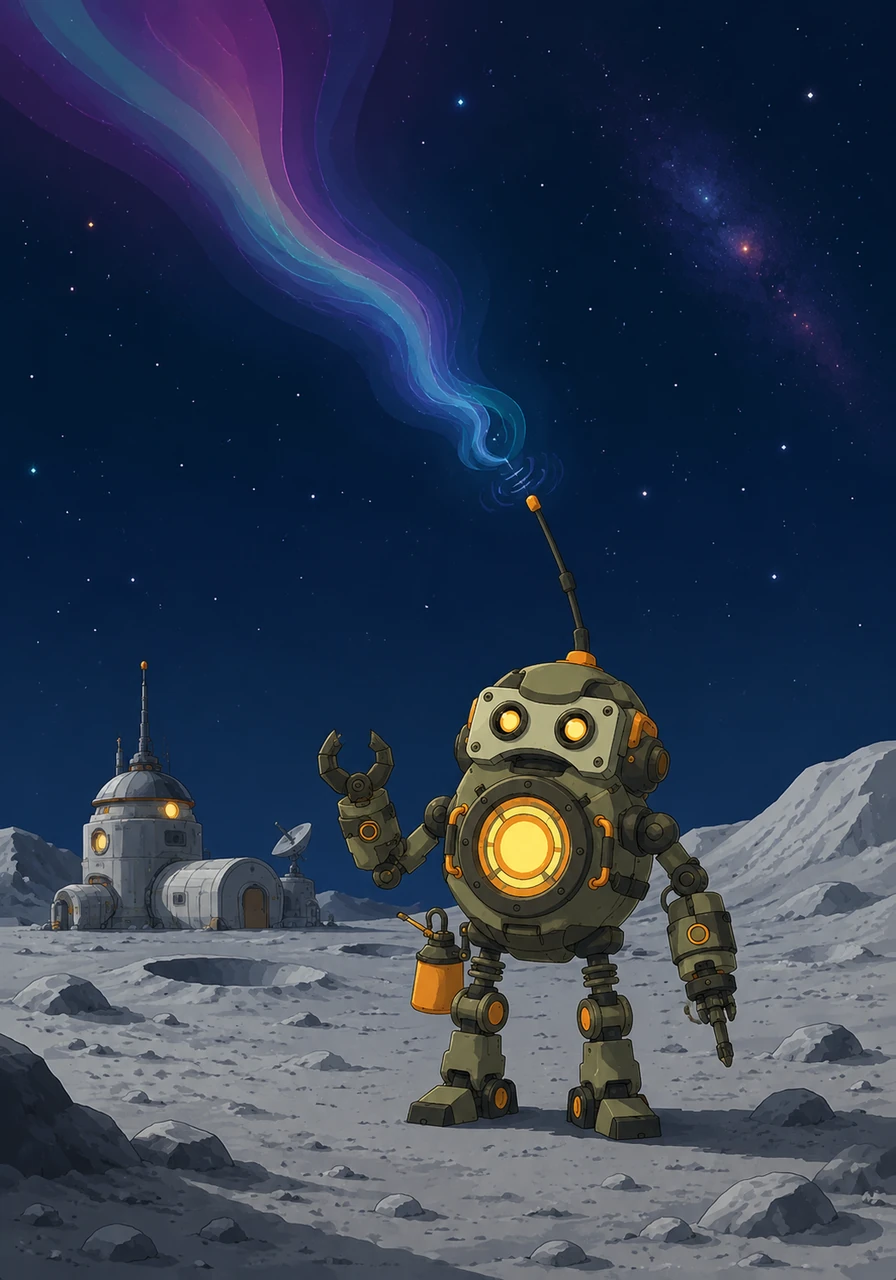 Koji the small robot lived alone on a quiet lunar outpost, surrounded by silver dust and silent craters. One evening, his long antenna began to twitch as it captured a strange, rhythmic signal from the deep reaches of space. The sound was a peculiar, melodic hum that went 'kjjjjjioiiii' over and over again.