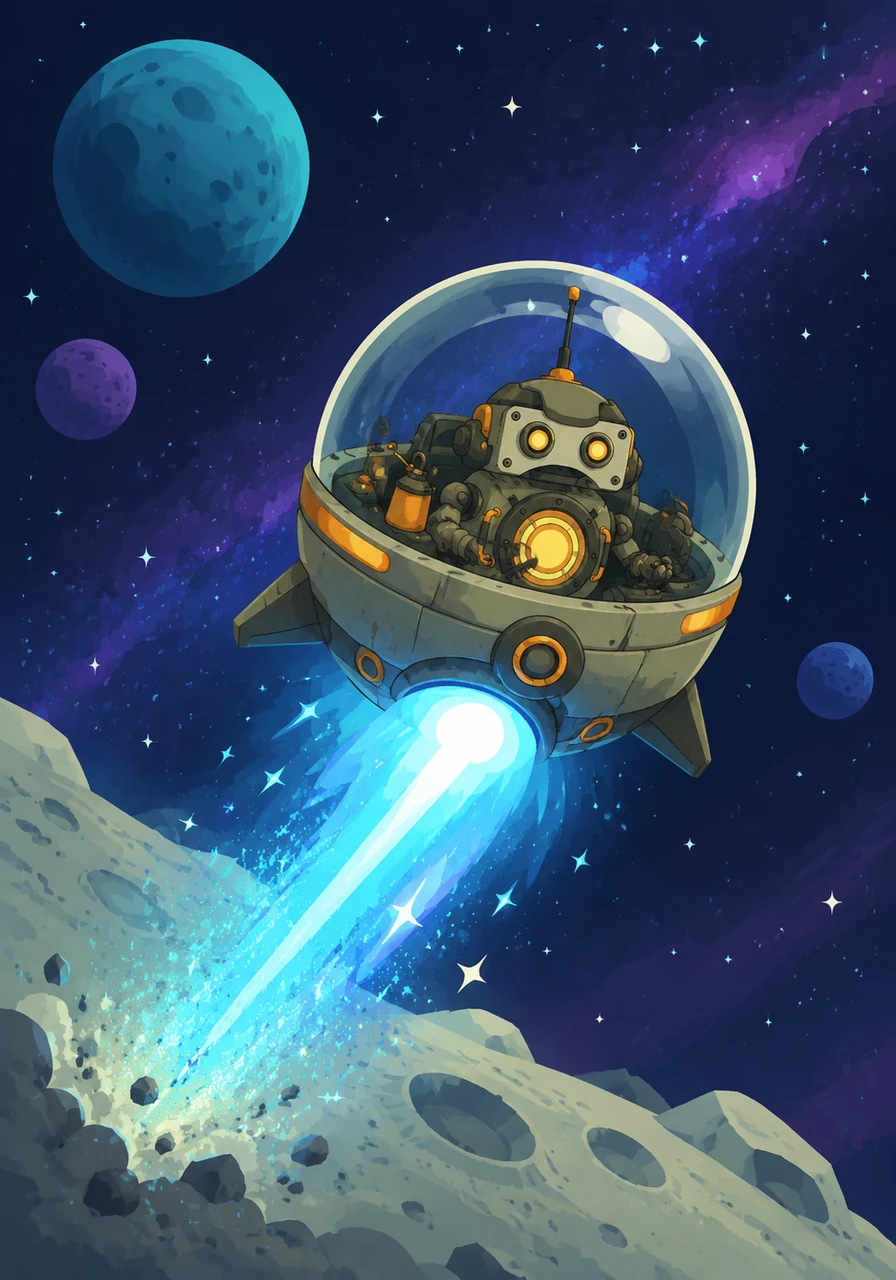 Driven by curiosity, Koji decided he had to find the source of the mysterious message. He packed his favorite oil can and boarded his small, bubble-shaped spacecraft, igniting the engines with a bright blue flash. He soared away from his moon, leaving a trail of stardust behind him as he headed toward the unknown.