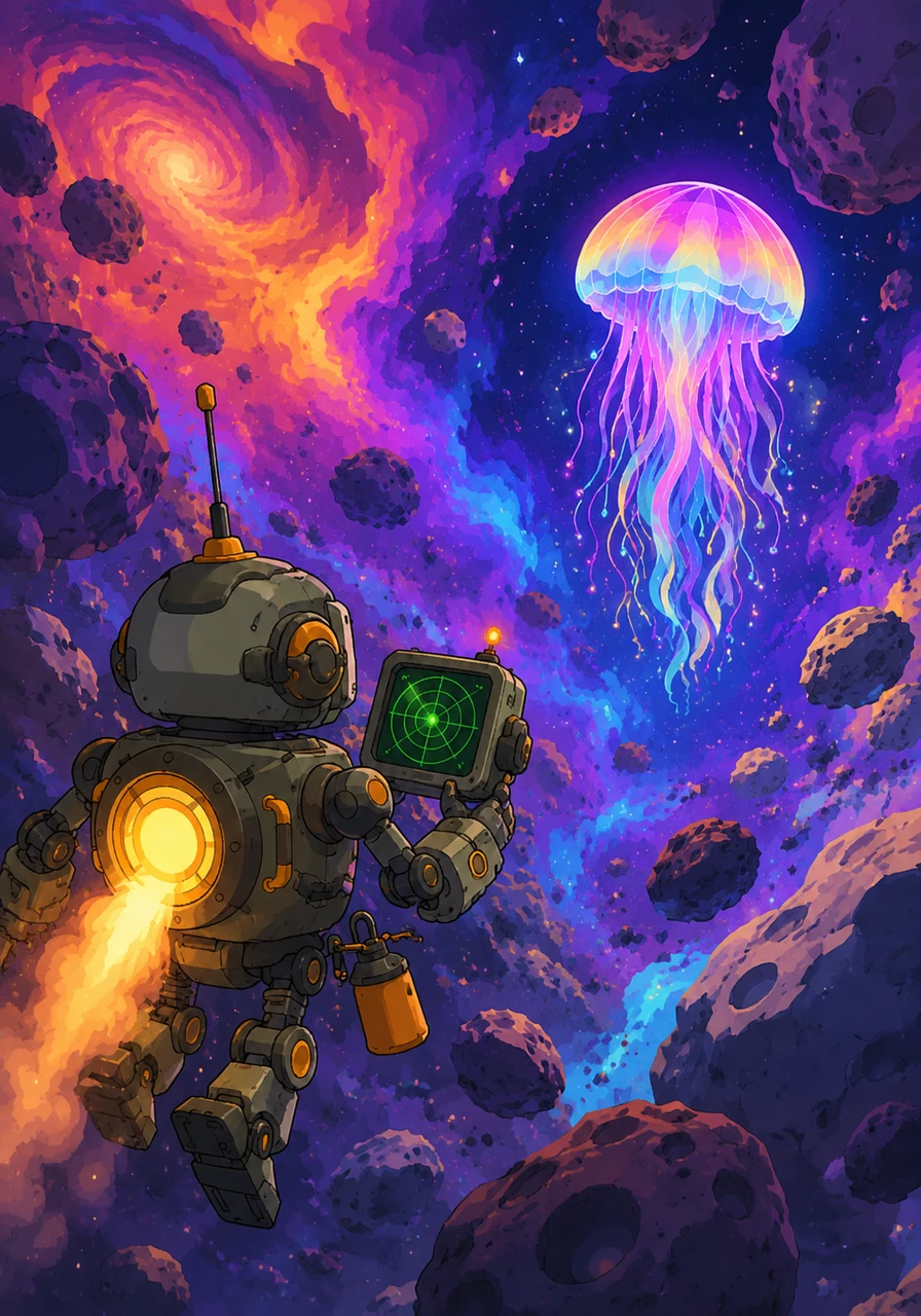 The signal grew stronger as Koji navigated through a dazzling field of floating asteroids and shimmering nebulae. He saw colors he had never dreamed of, from deep violets to burning oranges that danced in the vacuum of space. His radar screen blinked steadily, pointing him toward a hidden corner of the galaxy.