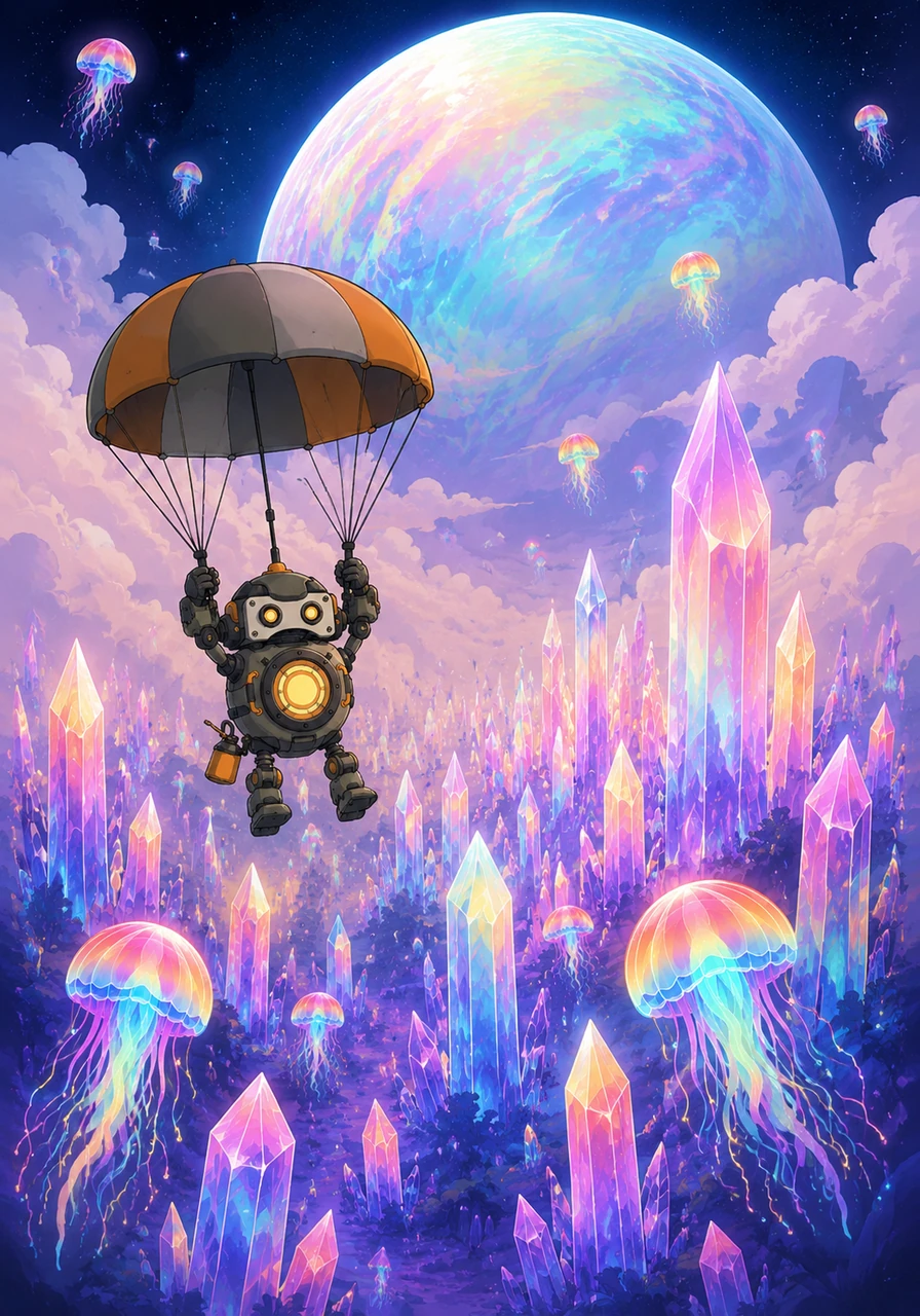 Finally, Koji arrived at a planet that looked like a giant, glowing opal floating in the dark. As he descended through the clouds, he saw vast forests of towering translucent crystals that pulsed with light. Every time the crystals glowed, the air vibrated with that same enchanting sound: 'kjjjjjioiiii'.