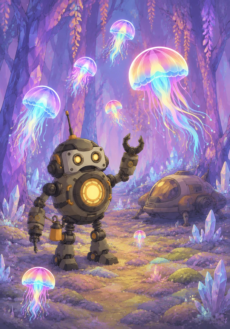 After landing his ship softly on a bed of mossy stardust, Koji stepped out and met the inhabitants of this strange world. They were floating, jellyfish-like creatures made of pure light who drifted through the crystal trees. They didn't speak with words, but their glowing bodies changed colors to welcome their mechanical visitor.
