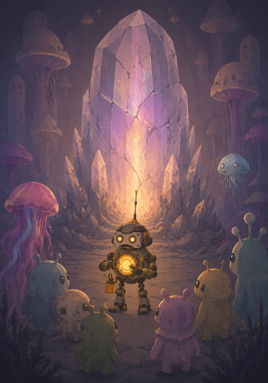 The creatures led Koji to a Great Crystal at the center of their world, which was dim and flickering. Koji realized the signal he heard was a call for help because the planet's energy source was fading away. The little robot looked at his own glowing power core and knew he had to do something to save his new friends.