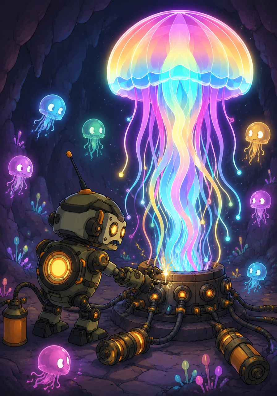 Koji used his mechanical tools to carefully connect his spare energy cells to the base of the Great Crystal. He worked with precision, tightening bolts and aligning circuits while the light creatures watched in hopeful silence. A soft spark jumped from Koji’s hand to the crystal, and a low hum began to build.