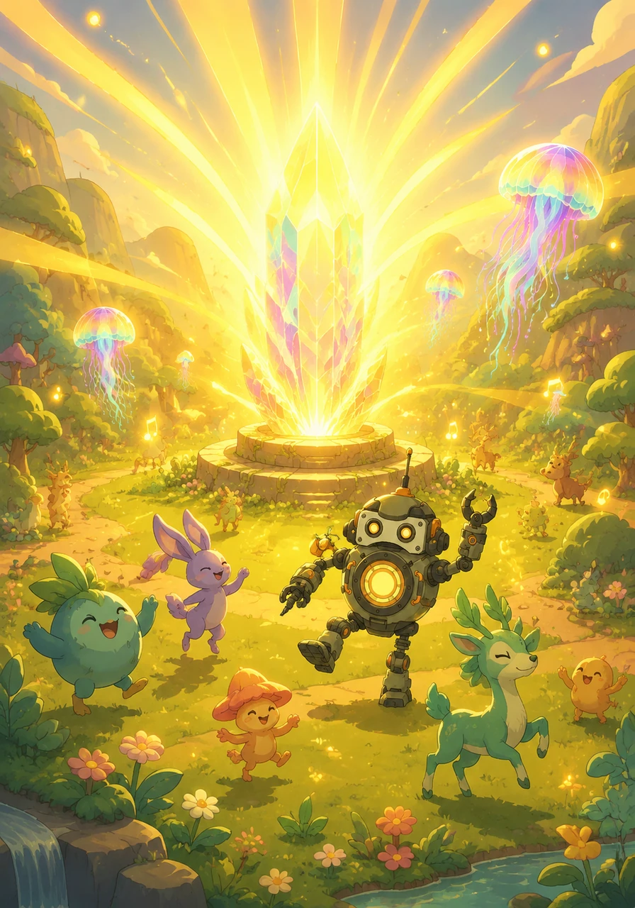 Suddenly, the Great Crystal erupted with a magnificent surge of golden light that spread across the entire planet. The 'kjjjjjioiiii' sound transformed into a glorious, harmonious symphony that echoed through the valleys. The forest revived, and the creatures began to dance and spin in the newfound warmth.