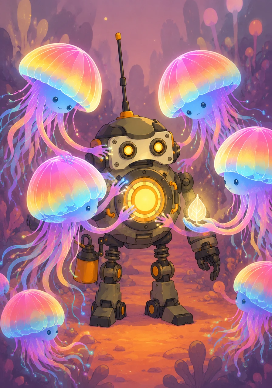 To thank him, the creatures gifted Koji a small, shimmering seed that pulsed with a gentle white light. They pressed their glowing tentacles against his metal chest, filling him with a sense of warmth and belonging he had never felt before. Koji realized that even though they were different, they had become true friends.