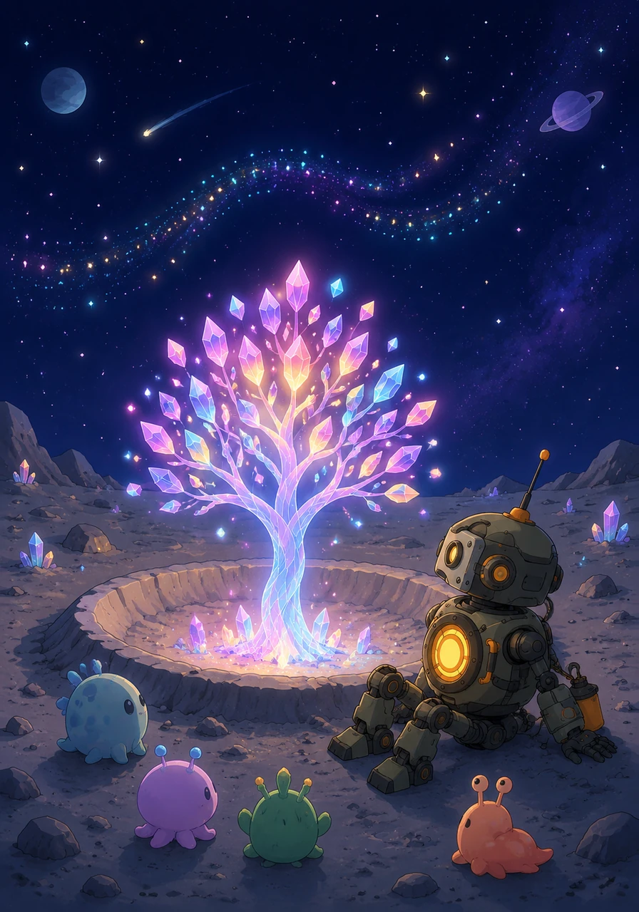 Koji returned to his quiet moon, but he was no longer lonely. He planted the cosmic seed in the center of his crater, and it grew into a beautiful crystal tree that hummed softly in the night. Now, whenever he looks up at the stars, he hears the faint echo of 'kjjjjjioiiii' and smiles, knowing he has a home in the galaxy.