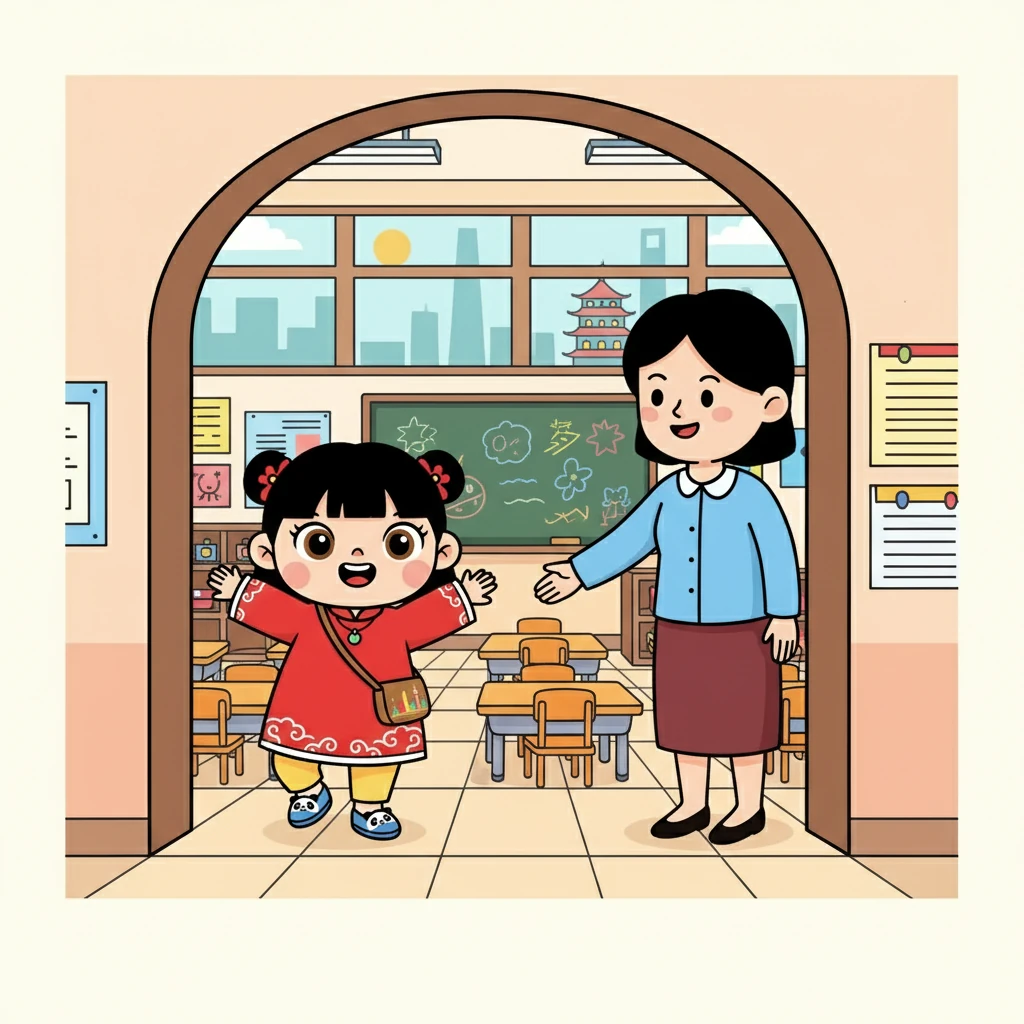 丽莎 (Lìshā) 兴奋地来到了她的新学校。 她遇到了她的第一位老师,微笑着向她打招呼:“你好!欢迎来到上海!” 丽莎 (Lìshā) 有点紧张,但更多的是激动。