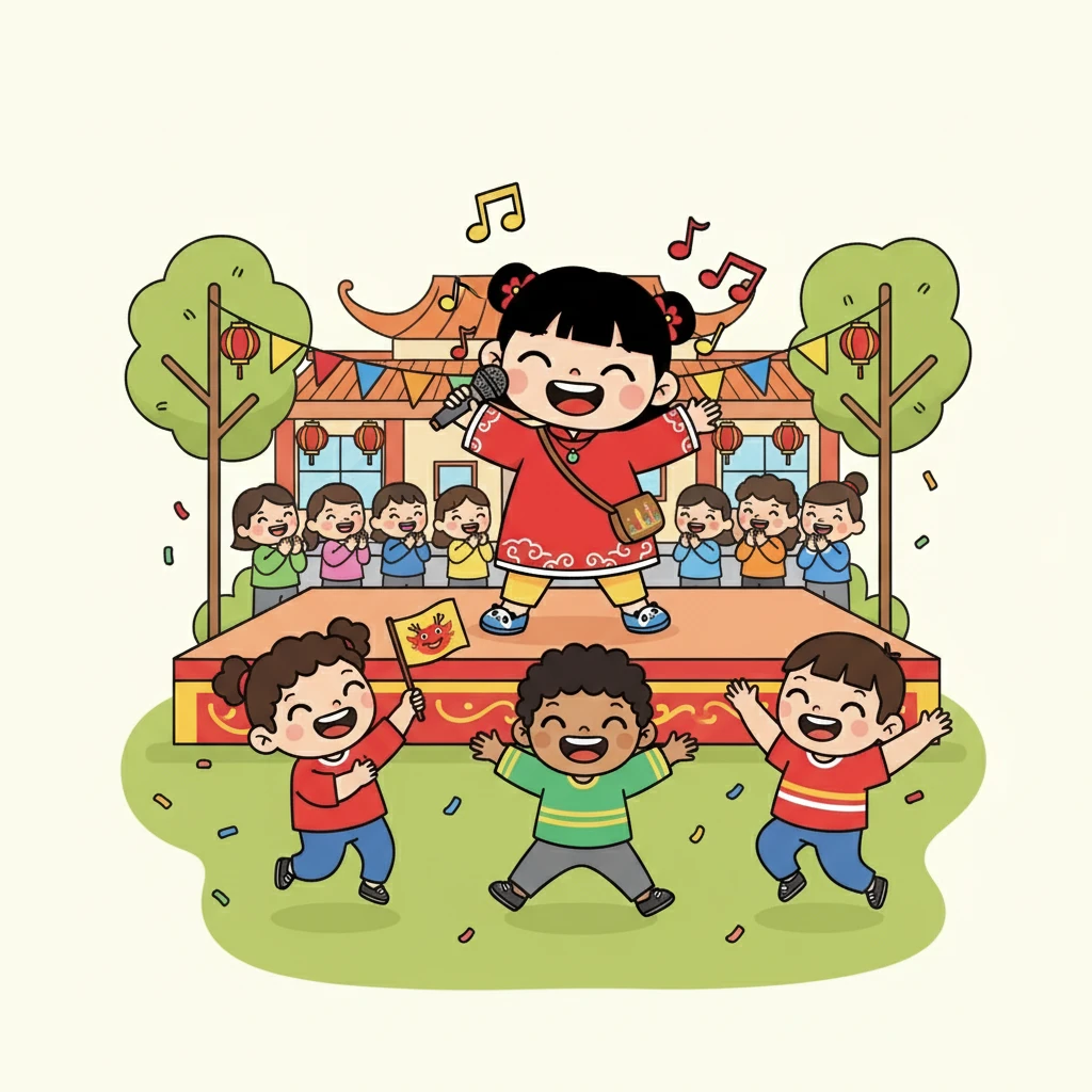 在学校的文化节上,丽莎 (Lìshā) 表演了她学习的中国歌曲。 她的朋友们为她加油,她感到非常自豪。 她的歌声赢得了大家的掌声。