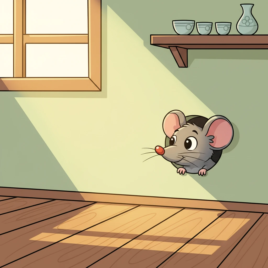 突然,一只小小的、机灵的老鼠吱吱,从墙角的一个小洞里探出头来。它好奇地嗅了嗅空气,眼睛骨碌碌地转着。