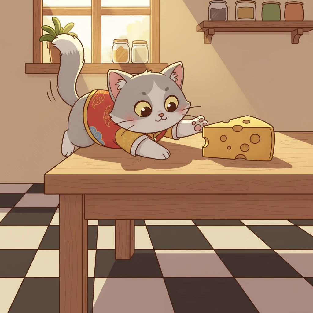 吱吱看到桌上有一块香喷喷的奶酪,禁不住诱惑,小心翼翼地跑了出来。它的尾巴在身后轻轻摇摆着。