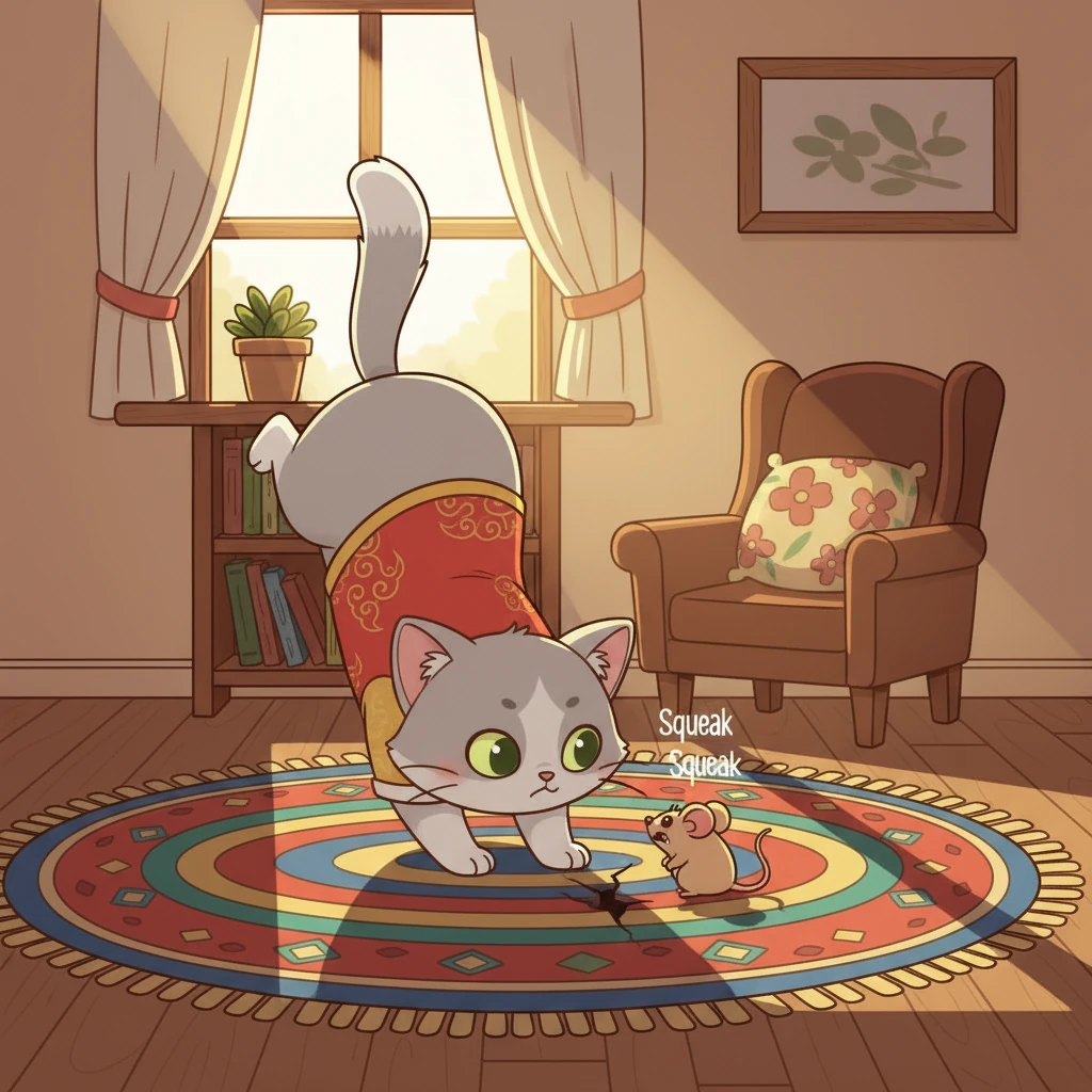 咪咪猛地睁开眼睛,看到了吱吱。它的身体弓了起来,尾巴也竖得笔直,准备扑过去。