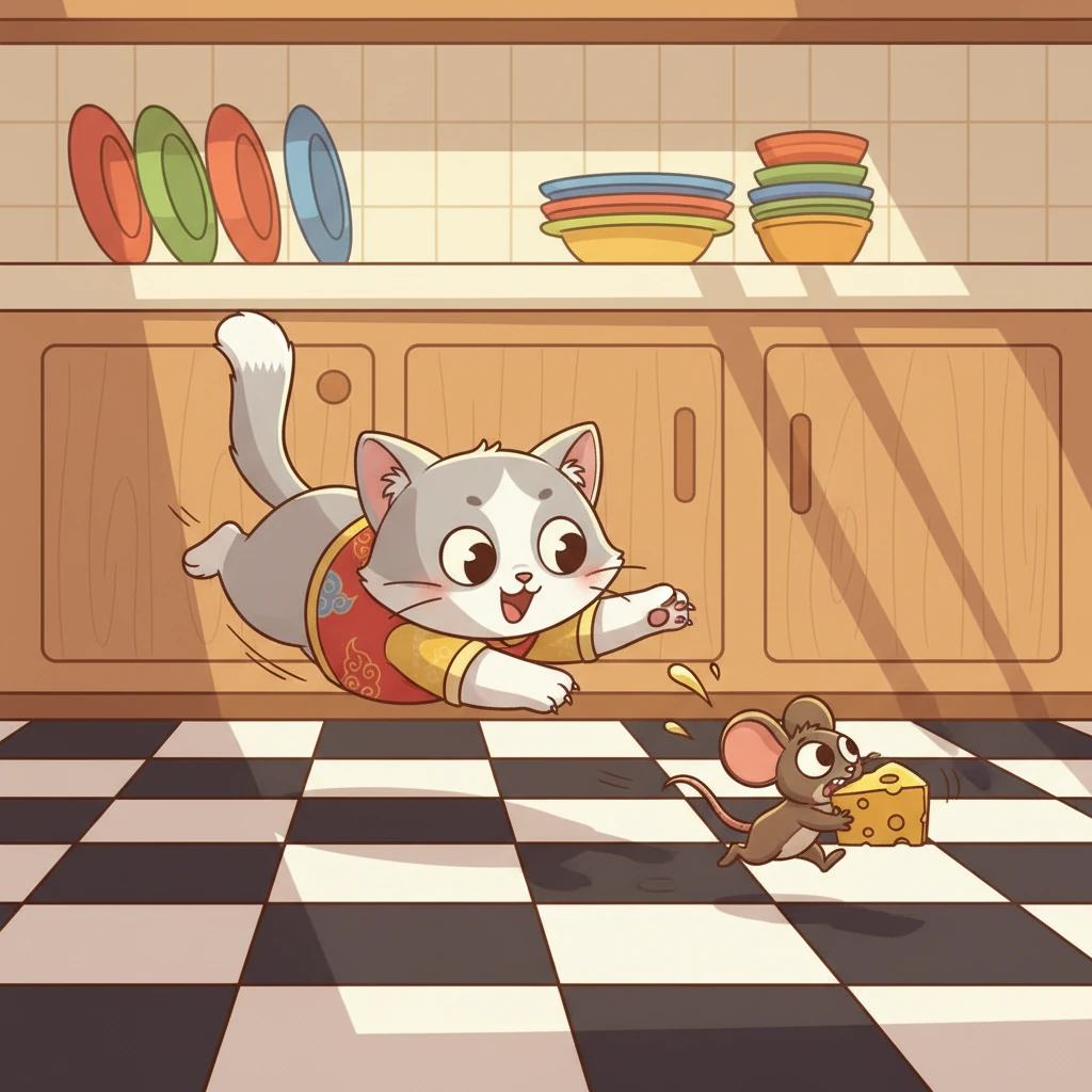 吱吱吓了一跳,赶紧抱起奶酪,撒腿就跑。咪咪紧追不舍,厨房里上演了一场紧张又有趣的追逐战。