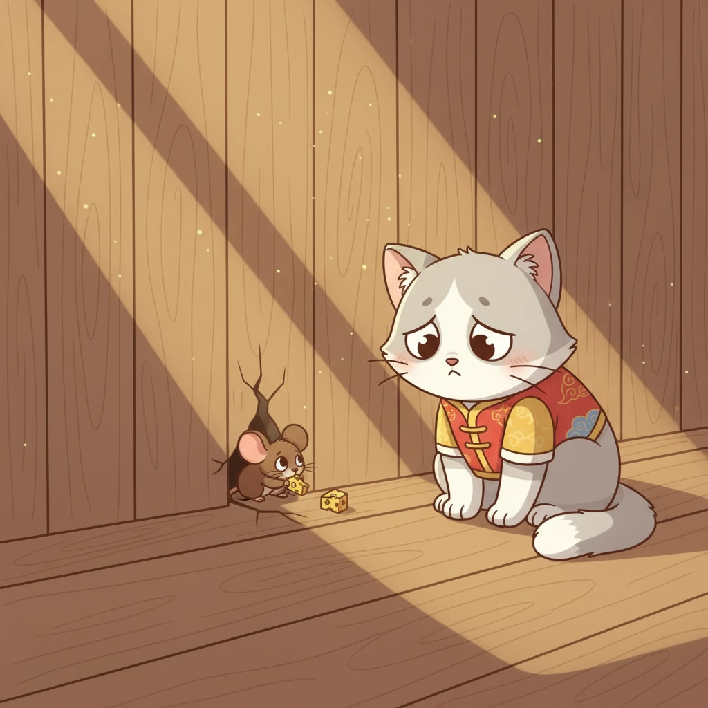 吱吱在缝隙里吃着奶酪,但它看到咪咪的样子,心里竟然有点过意不去。它把一小块奶酪推到了缝隙外面。