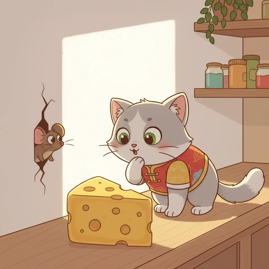 咪咪惊讶地看着那块奶酪,然后小心翼翼地闻了闻。它抬起头,和缝隙里的吱吱对视了一眼。