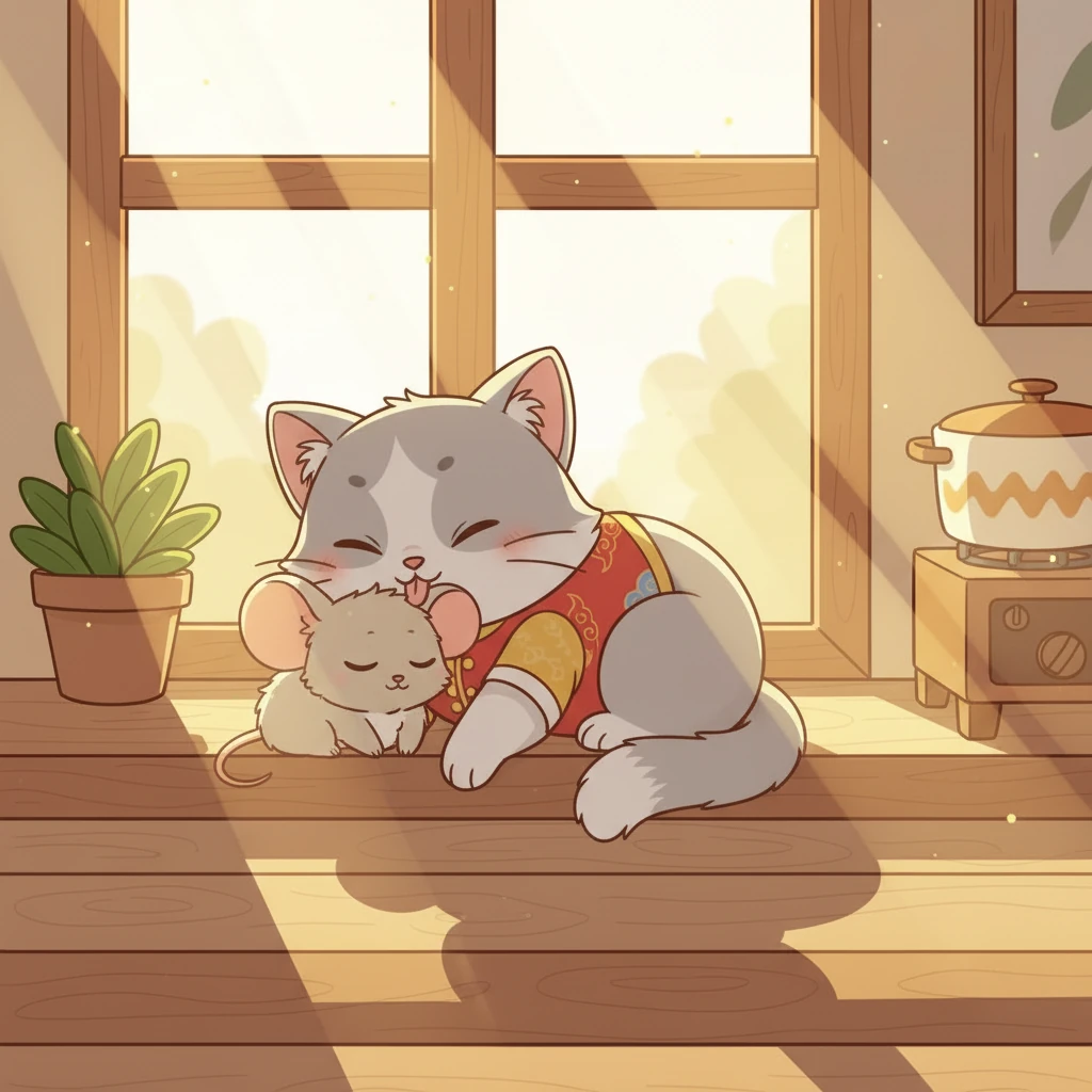 夕阳西下,咪咪和吱吱依偎在一起,咪咪轻轻地舔着吱吱的头。它们成为了最不可能的朋友,在厨房里创造了一个温馨和谐的角落。