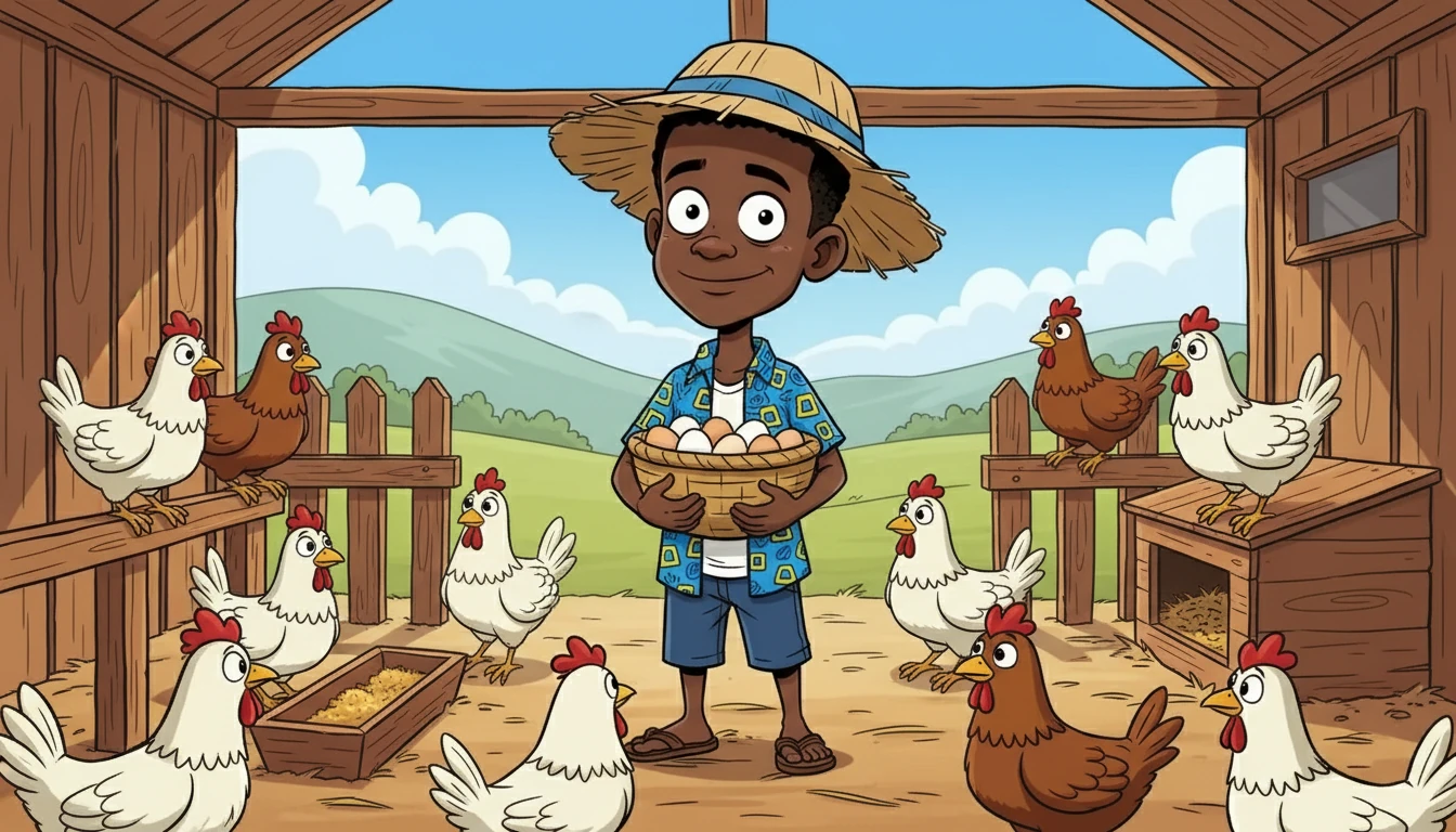 Lucas, un petit garçon aux yeux brillants, adorait ses poules. Il prenait soin d'elles chaque jour, leur donnant à manger et ramassant les œufs frais. Sa basse-cour, un petit coin de paradis, était son plus grand bonheur.