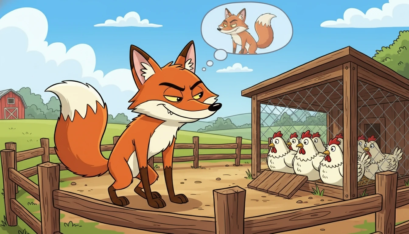 Un renard rusé, nommé Roublard, rôdait autour de la ferme. Il avait une faim insatiable et ses yeux brillaient d'envie en voyant les poules dodues de Lucas. Il rêvait de les déguster.