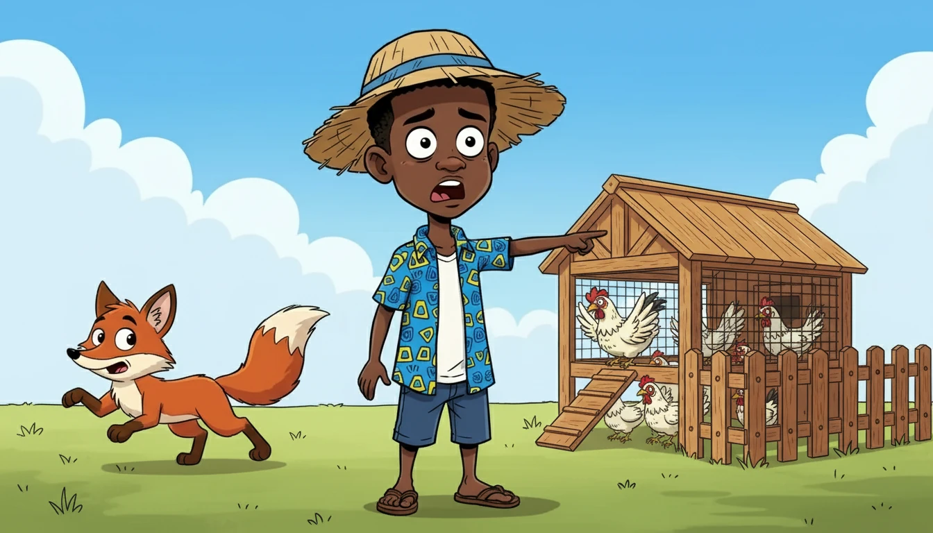 Un matin, Roublard tenta sa première attaque. Il s'approcha discrètement du poulailler, mais Lucas, vigilant, l'aperçut à temps. Il cria, effrayant le renard qui s'enfuit.