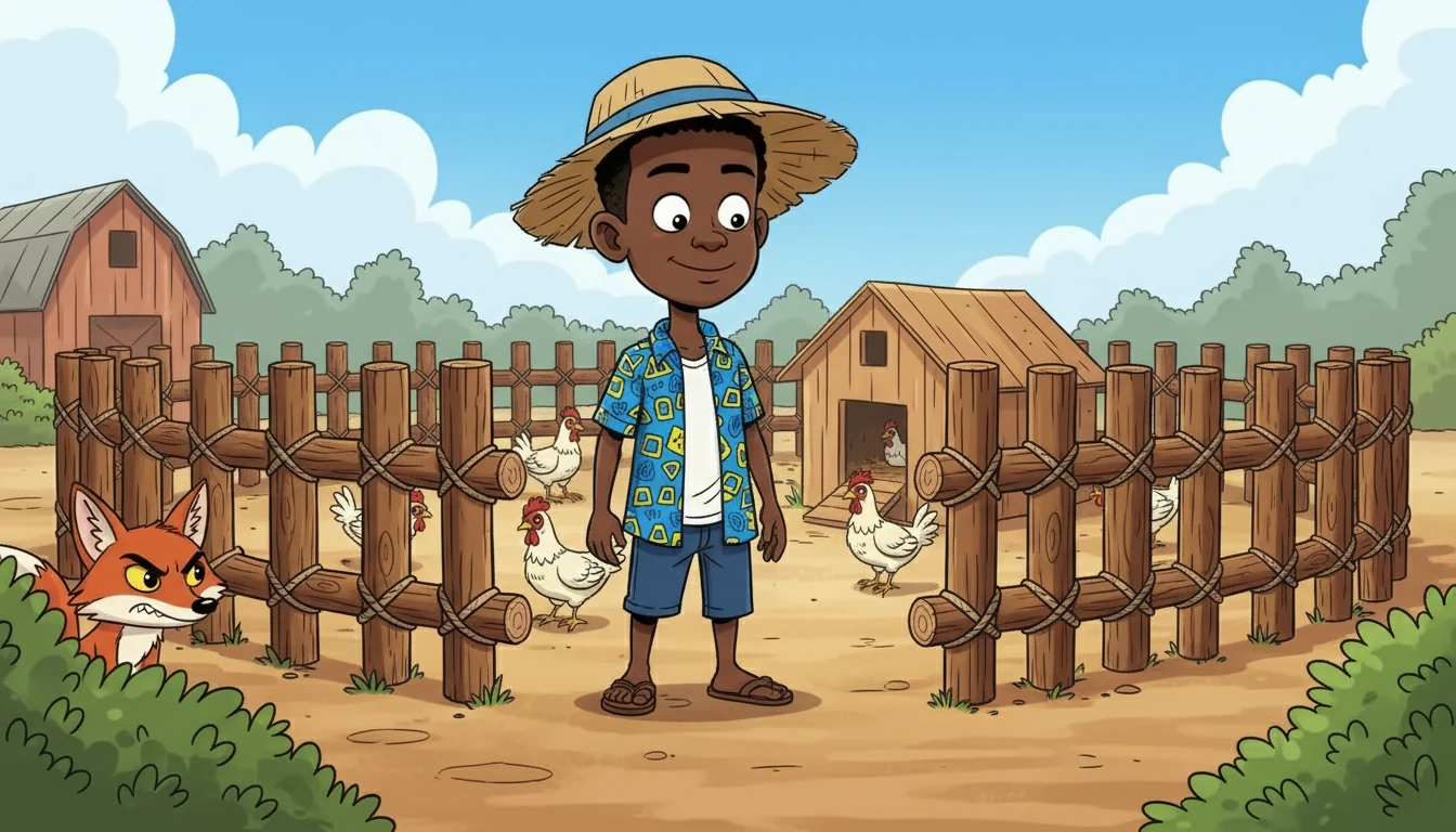 Lucas, courageux, décida de protéger ses poules. Il construisit une clôture solide autour du poulailler, bien décidée à contrecarrer les plans de Roublard.