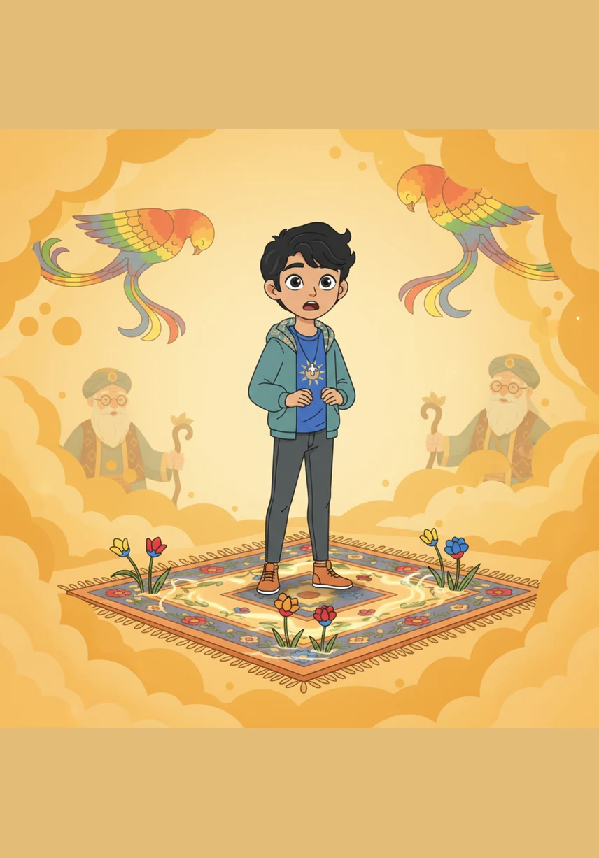 Suddenly, the woven flowers on the rug begin to bloom and the silk threads start to ripple like a calm, magical lake. Aiden gasps in wonder as his bedroom walls begin to fade away, replaced by a warm, golden mist.