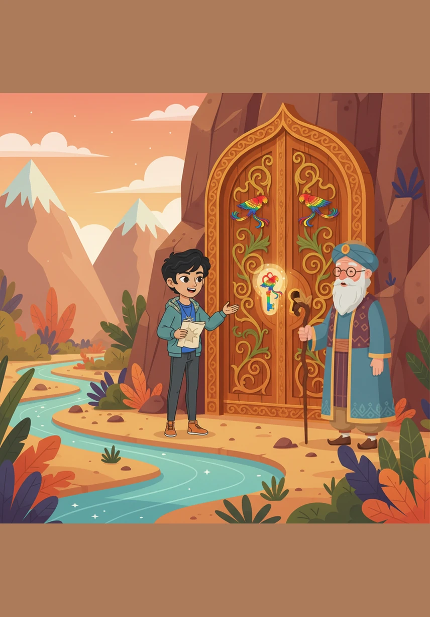 He finds himself standing in a magnificent Persian garden filled with the scent of jasmine and the musical sound of splashing turquoise fountains. Tall, elegant cypress trees sway gently in the breeze, welcoming him to this hidden, enchanted world.