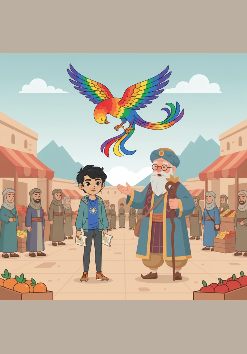 A magnificent bird with feathers like rainbows and a long, flowing tail swoops down from the sky. This is the legendary Simurgh, who bows her head gracefully and invites Aiden to climb onto her soft, shimmering back.