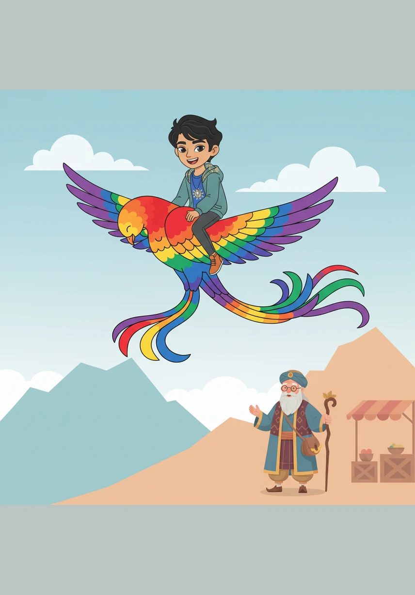 They soar high above golden deserts and ancient mud-brick cities with blue-domed mosques that sparkle like jewels in the sun. Aiden feels the cool wind on his face and laughs with pure joy as he sees the vast beauty of his heritage from the clouds.