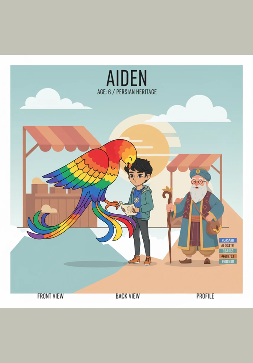 The Simurgh gently sets him down in a bustling bazaar where the air is thick with the sweet aroma of rosewater and exotic spices. Merchants in colorful robes wave to him, and stalls are piled high with glittering lanterns and hand-woven silks.