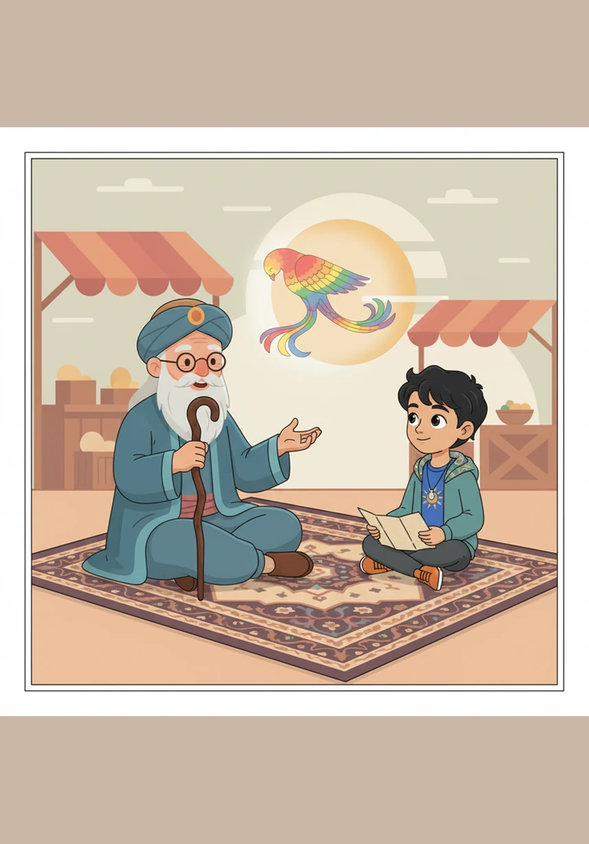 A kind old merchant with a silver beard reaches out and hands Aiden a glowing pomegranate that pulses with a soft, warm light. He tells Aiden that this magical fruit holds the stories of his ancestors and the light of a thousand stars.