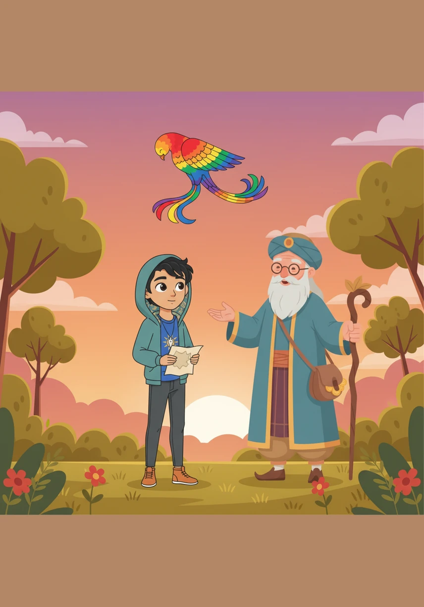 As the sun begins to set, painting the sky in shades of violet and orange, Aiden follows the pomegranate's glow back to the garden clearing. He finds his magical rug waiting for him, spread out like a soft, inviting bed on the lush green grass.