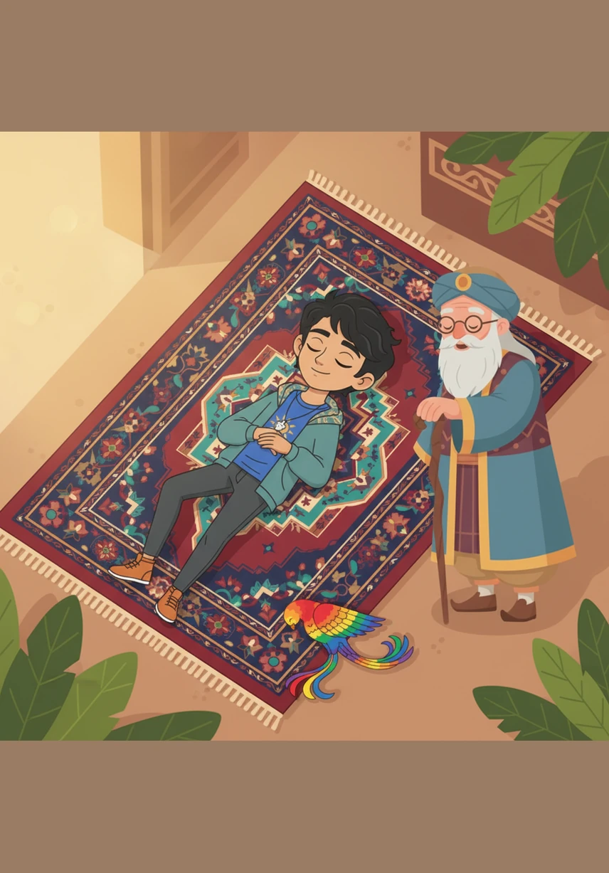 He lies down on the rug and watches the stars twinkle above, feeling a deep sense of peace and belonging. The rug lifts off the ground, floating gently through the night sky, carrying him safely back toward his own home.