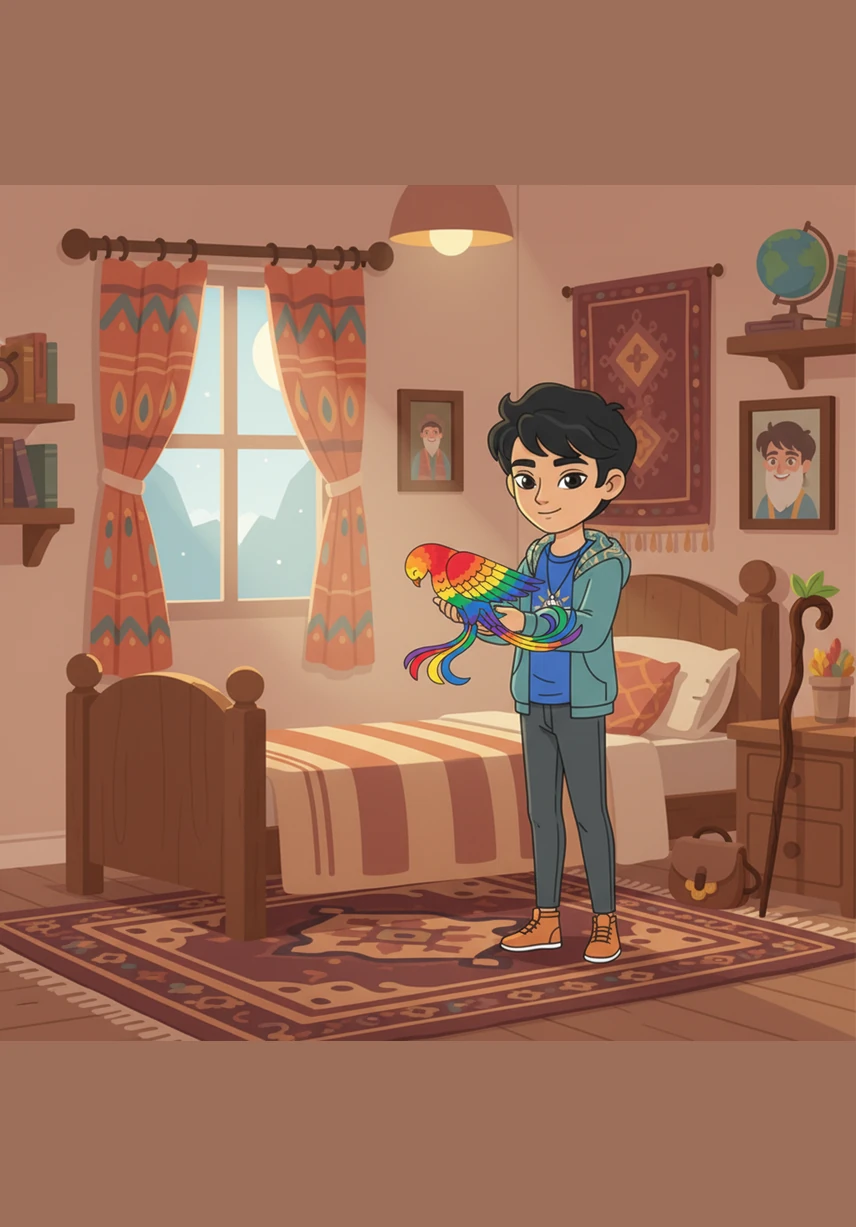 Aiden opens his eyes back in his cozy room, tucked snugly under his blankets with the moonlight streaming through the window. He smiles and hugs his pillow, knowing that the magic of his culture and the stories of his family are always right there with him.