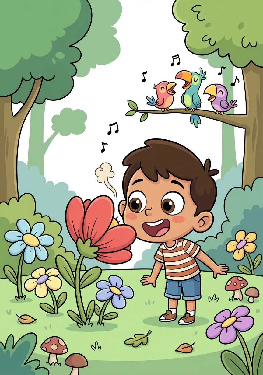 په ځنګل کې مختلف رنګارنګ ګلونه وو. سامیر هر ګل ته نیږدې شو او خوشبويي يې وڅکوله. د ونو تر منځ کوچني مرغان خوشحال سندرې ویلې. سامیر هم له دوی سره سندره ویل پیل کړه.