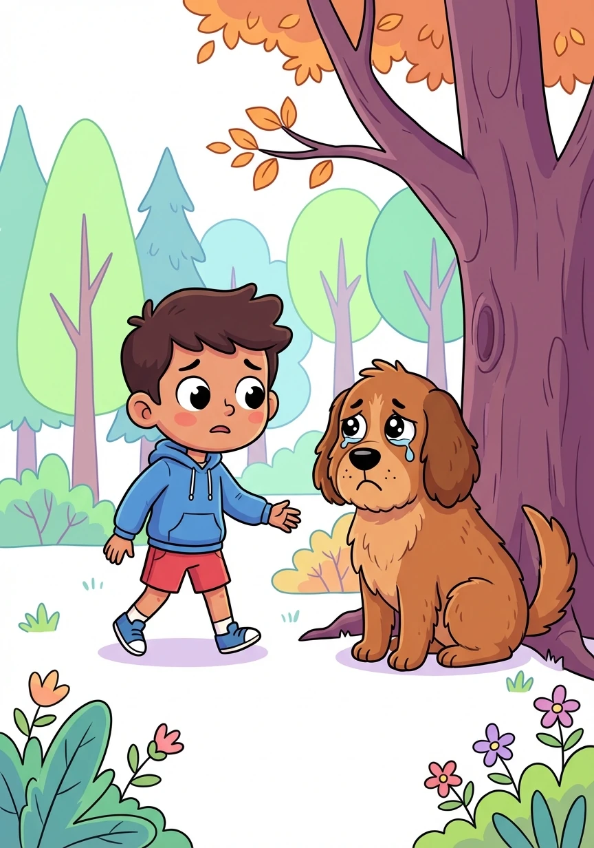 سامیر د ونو په منځ کې روان و چې یو غټ ዝ سپی یې ولید. ዝ سپی د یوې ونې لاندې ناست و او په خفګان سره یې کتل. سامیر ዝ سپي ته نږدې شو او پوښتنه یې وکړه چې څه شوي دي.