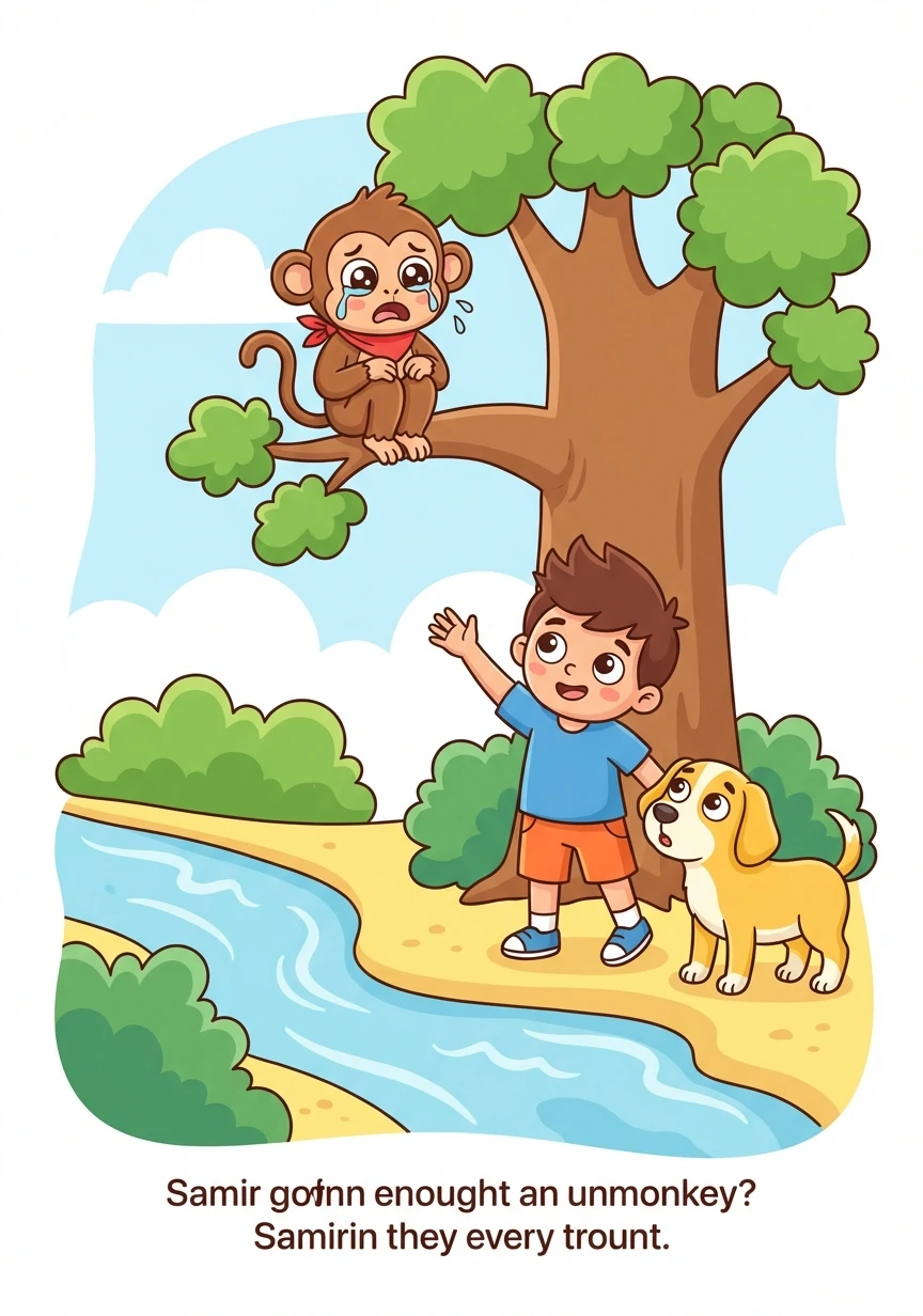 دوی د یوې سیند غاړې ته ورسیدل چیرته چې یو کوچنی بندر په یوه ونه کې ناست و او ژړل یې. سامیر او ዝ سپي بندر ته نږدې شول او د هغه د ژړا لامل یې وپوښت.