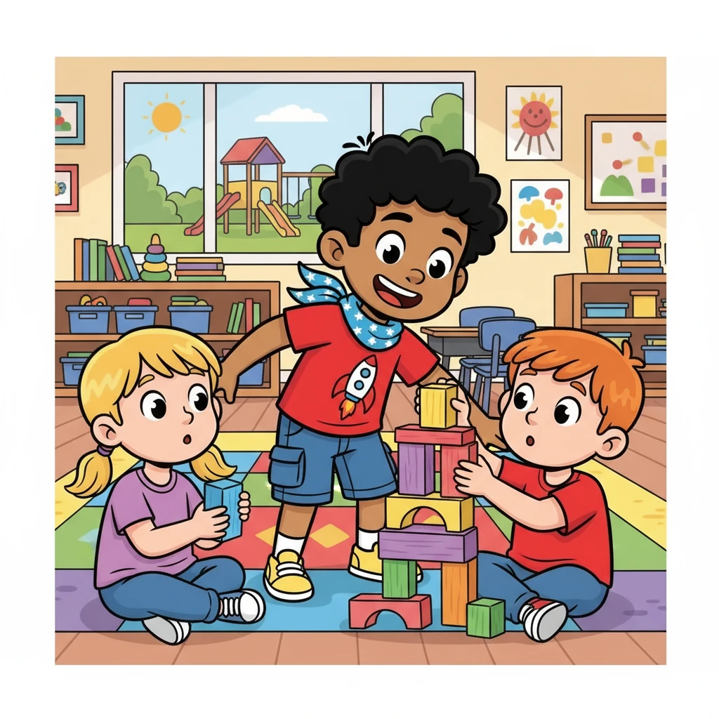 Sammy loved playing with his friends at school. Sometimes, he got so excited he would get a little too close. He didn't always remember how much space his friends needed, especially when they were busy playing with blocks.